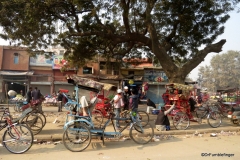 Delhi street scene. Bicycle rickshaws waiting for passengers