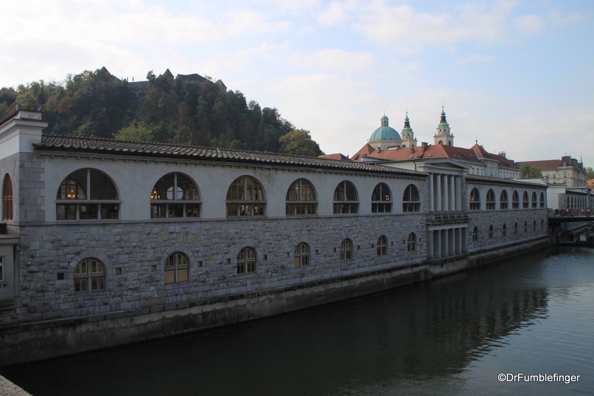 View of Cenetral Market from Dragon Bridge, Ljubljana