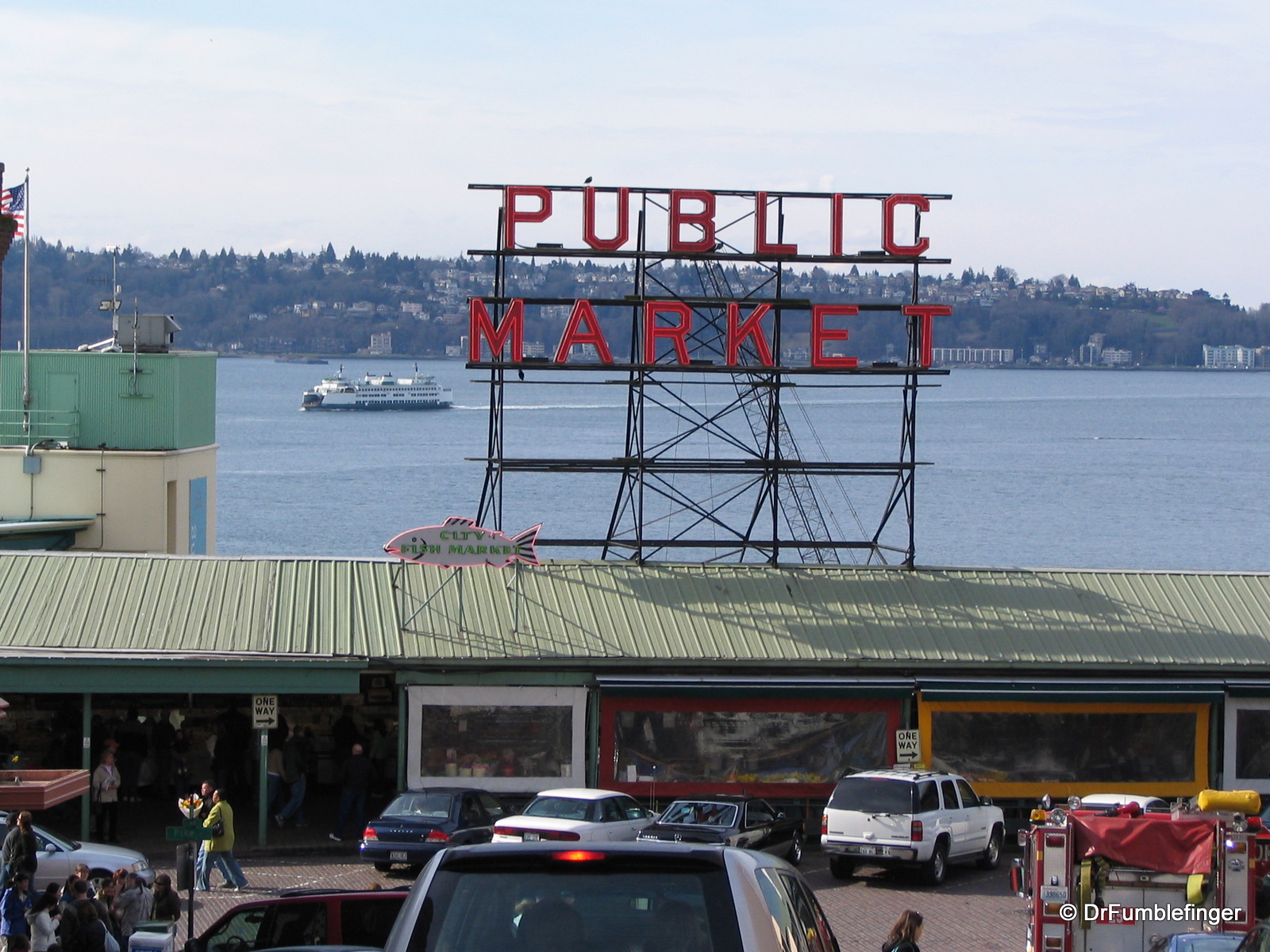 Seattle's Pike Market, Puget Sound in backdrop.