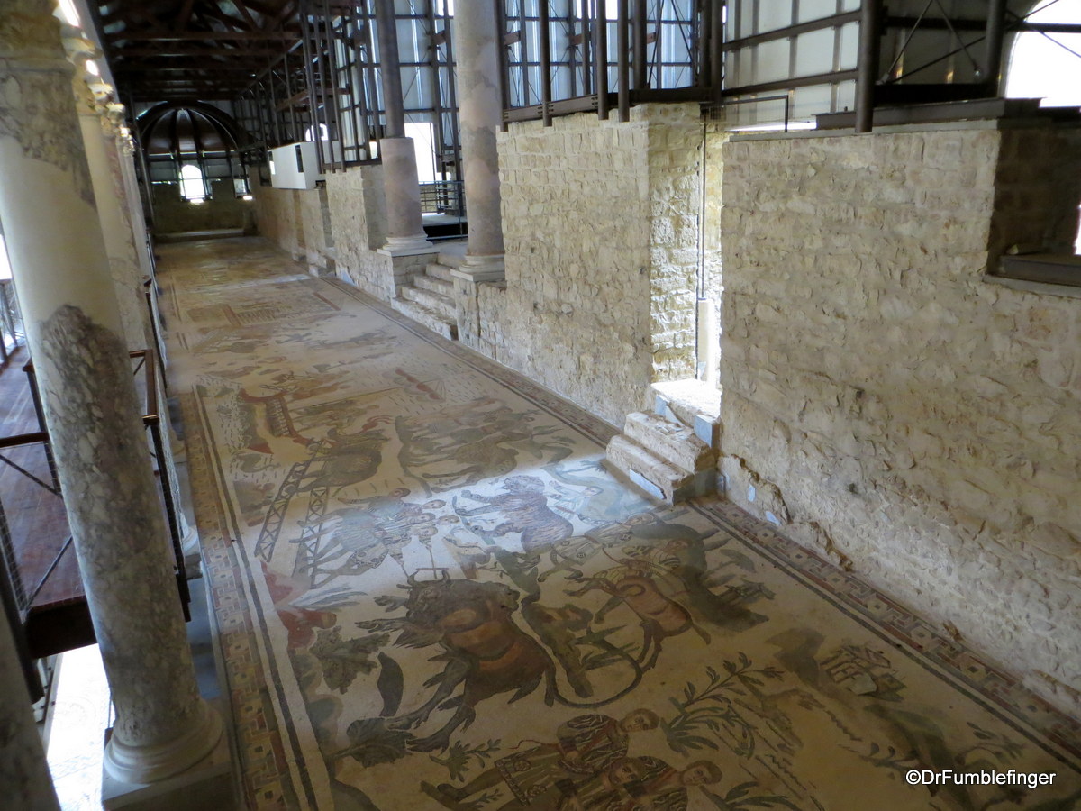 Extensive mosaics viewed from elevated walkways, Rare bikini clad mosaic, Villa Romana del Casale